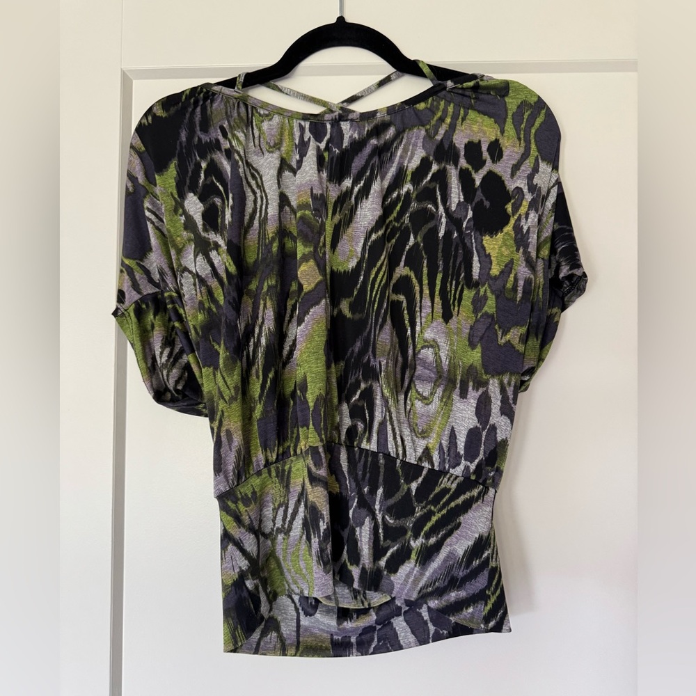 Iz Byer Y2K Abstract Green & Black Blouse Open Back Size XS